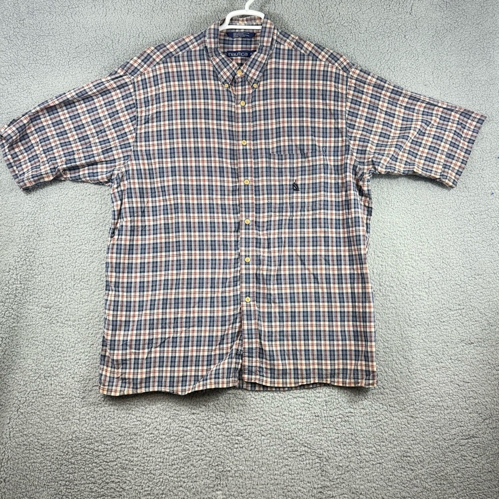 Nautica Short-Sleeve Button-Down Plaid Shirt - Blue White Orange